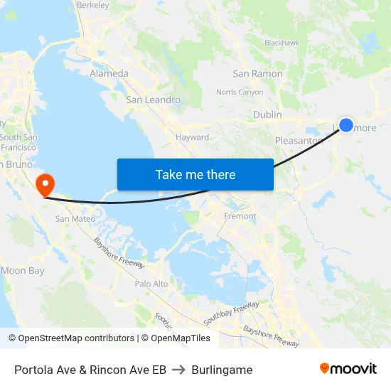 Portola Ave & Rincon Ave EB to Burlingame map