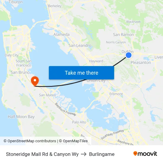 Stoneridge Mall Rd & Canyon Wy to Burlingame map