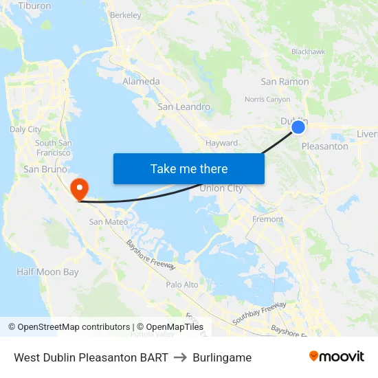 West Dublin/Pleasanton BART to Burlingame map