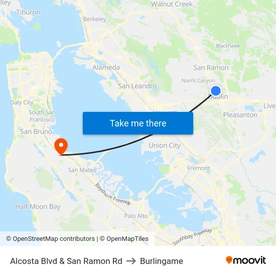 Alcosta Blvd & San Ramon Rd to Burlingame map
