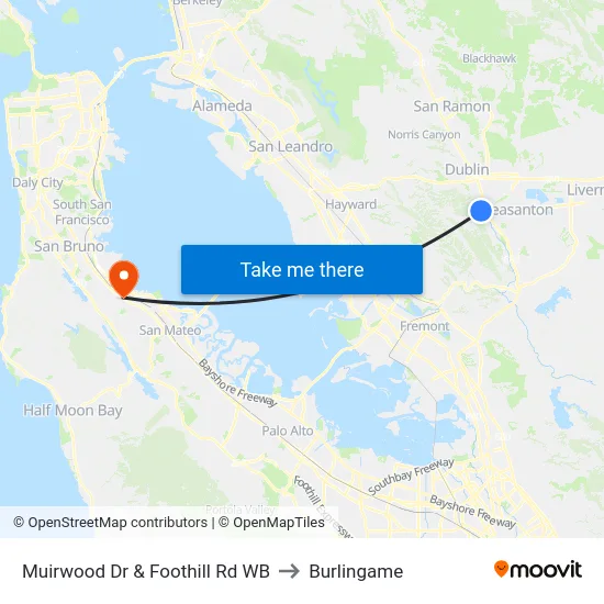 Muirwood Dr & Foothill Rd WB to Burlingame map