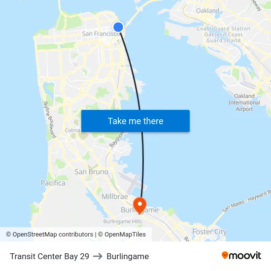 Transit Center Bay 29 to Burlingame map