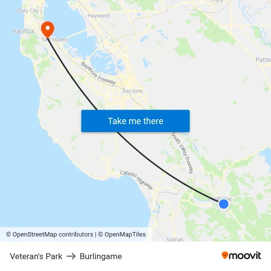 Veteran's Park to Burlingame map