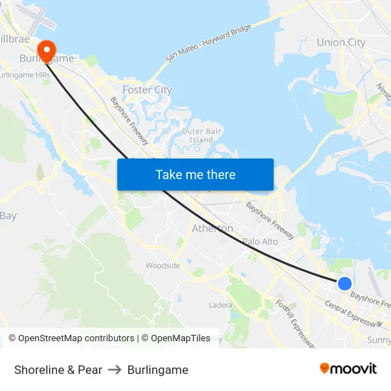 Shoreline & Pear to Burlingame map