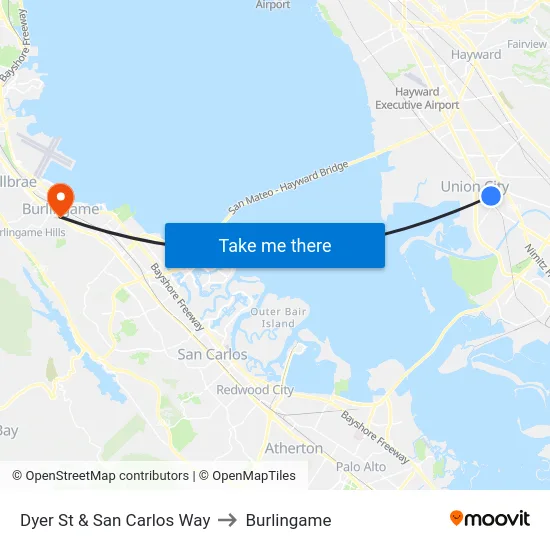 Dyer St & San Carlos Way to Burlingame map