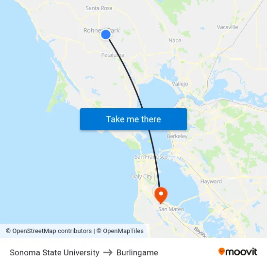 Sonoma State University to Burlingame map