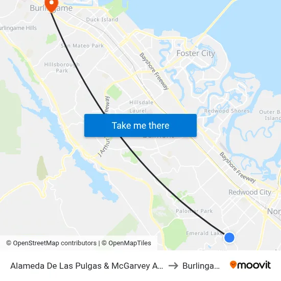 Alameda De Las Pulgas & McGarvey Ave to Burlingame map