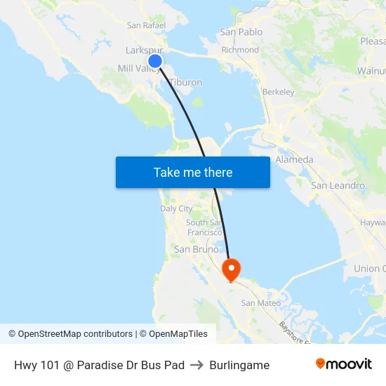 Hwy 101 @ Paradise Dr Bus Pad to Burlingame map