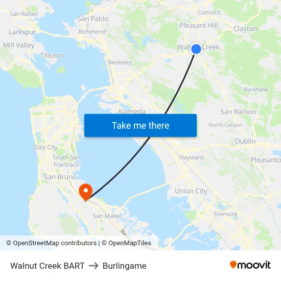 Walnut Creek BART to Burlingame map