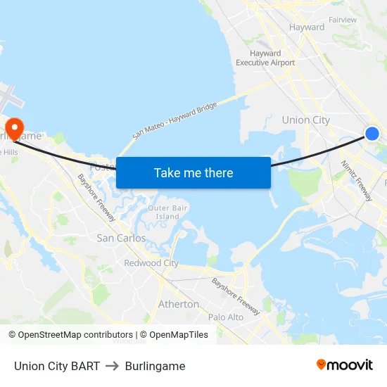 Union City BART to Burlingame map