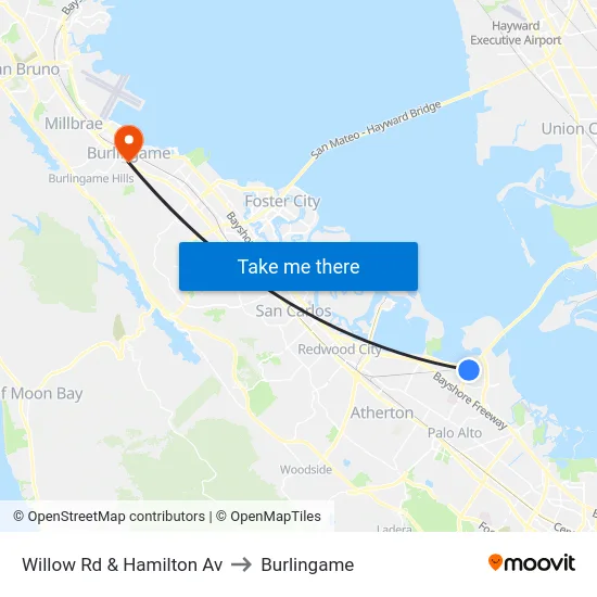 Willow Rd & Hamilton Av to Burlingame map