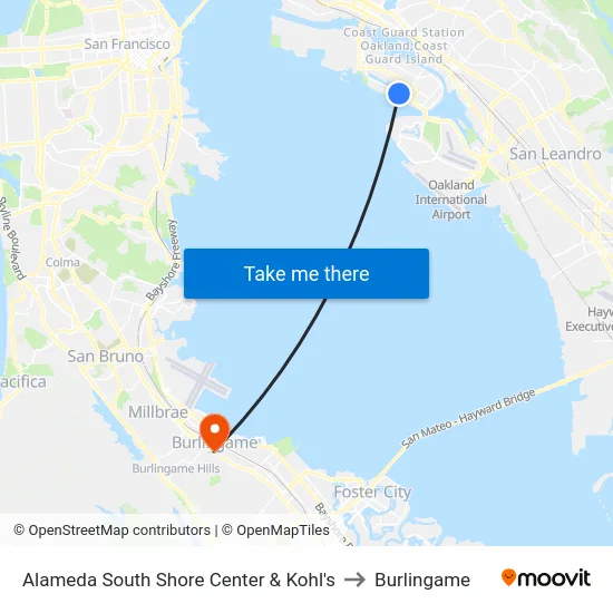 Alameda South Shore Center & Kohl's to Burlingame map