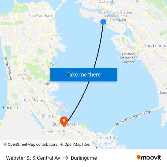 Webster St & Central Av to Burlingame map