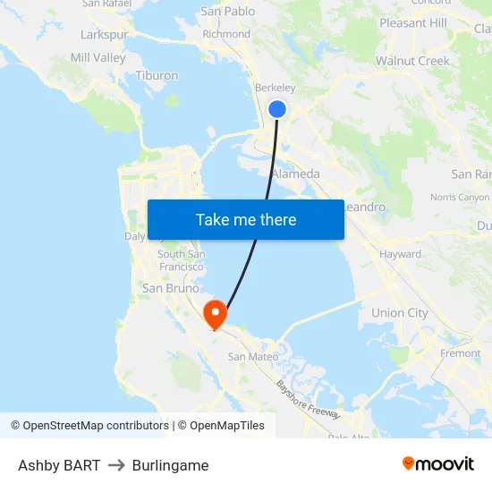 Ashby BART to Burlingame map