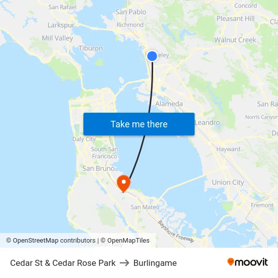 Cedar St & Cedar Rose Park to Burlingame map