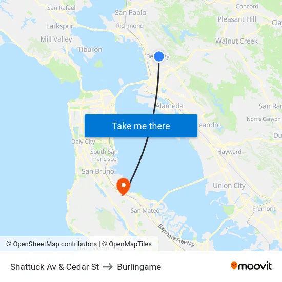 Shattuck Av & Cedar St to Burlingame map