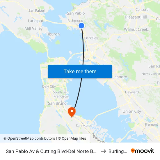 San Pablo Av & Cutting Blvd-Del Norte BART Stop D2 to Burlingame map