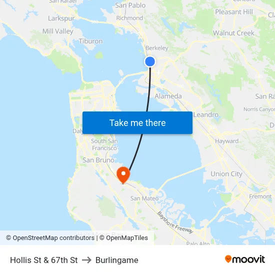 Hollis St & 67th St to Burlingame map