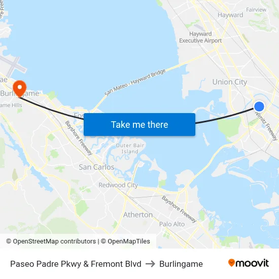 Paseo Padre Pkwy & Fremont Blvd to Burlingame map