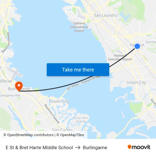 E St & Bret Harte Middle School to Burlingame map