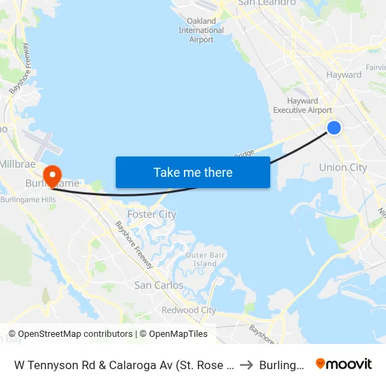 W Tennyson Rd & Calaroga Av (St. Rose Hospital) to Burlingame map