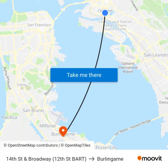 14th St & Broadway (12th St BART) to Burlingame map