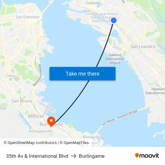 35th Av & International Blvd to Burlingame map