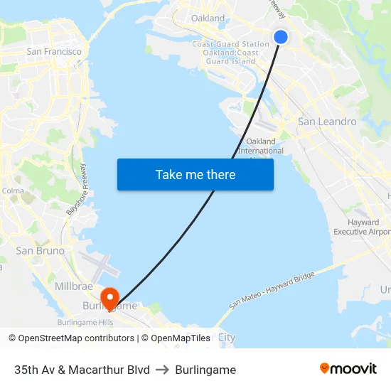 35th Av & Macarthur Blvd to Burlingame map