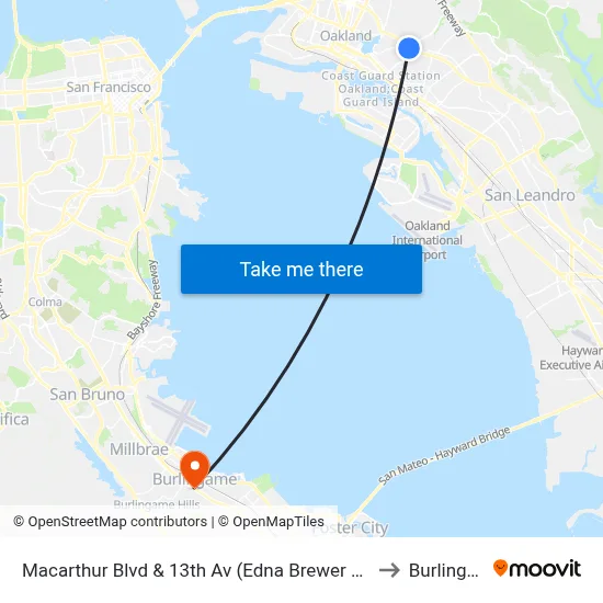 Macarthur Blvd & 13th Av (Edna Brewer Middle Sch.) to Burlingame map