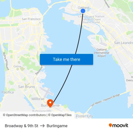 Broadway & 9th St to Burlingame map