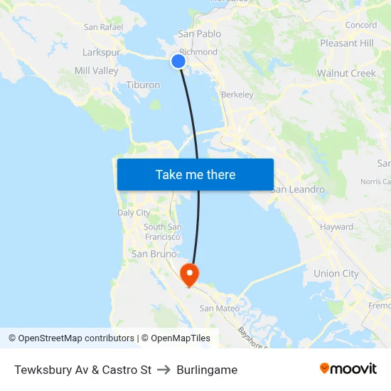 Tewksbury Av & Castro St to Burlingame map