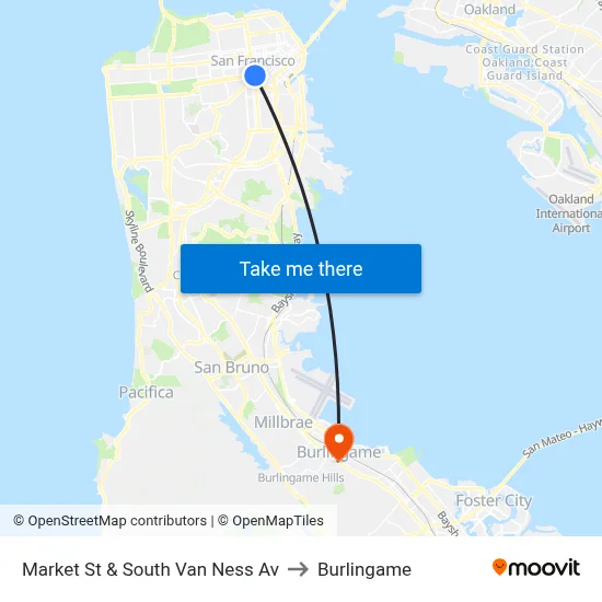 Market St & South Van Ness Av to Burlingame map