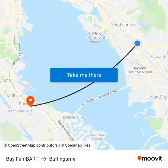 Bay Fair BART to Burlingame map