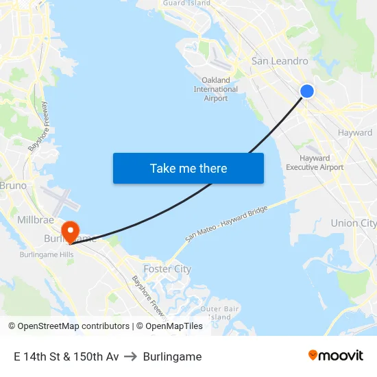 E 14th St & 150th Av to Burlingame map