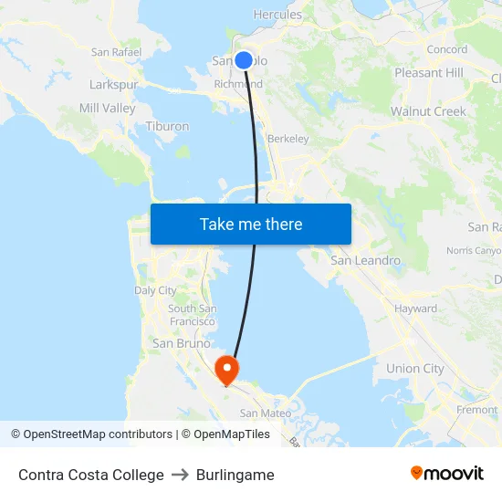 Contra Costa College to Burlingame map