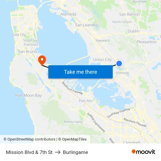 Mission Blvd & 7th St to Burlingame map