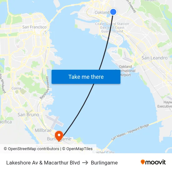 Lakeshore Av & Macarthur Blvd to Burlingame map