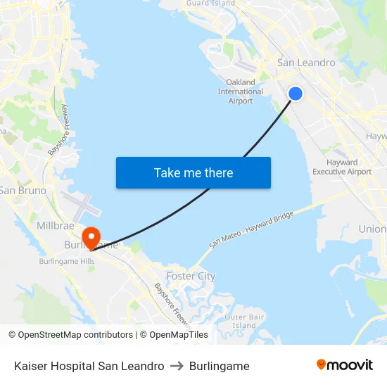 Kaiser Hospital San Leandro to Burlingame map