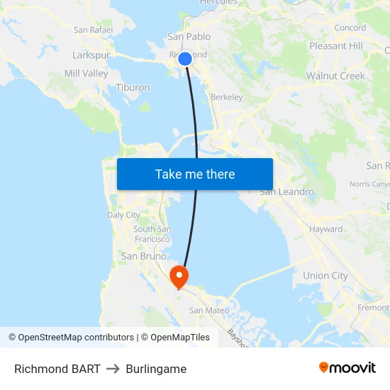 Richmond BART to Burlingame map