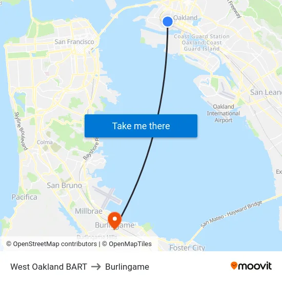 West Oakland BART to Burlingame map
