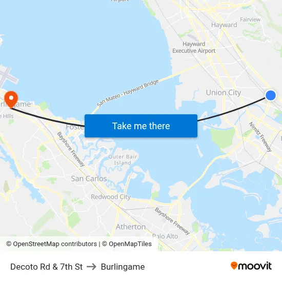 Decoto Rd & 7th St to Burlingame map