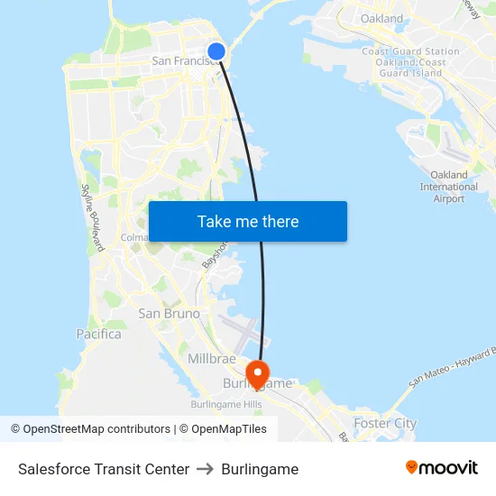 Salesforce Transit Center to Burlingame map
