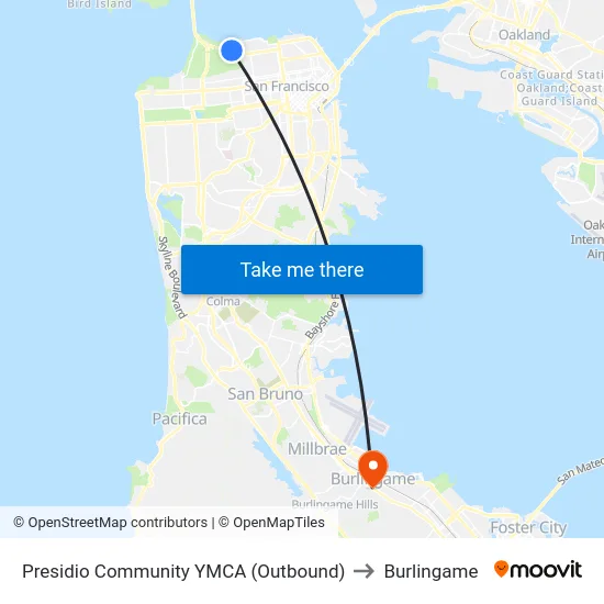 Presidio Community YMCA (Outbound) to Burlingame map
