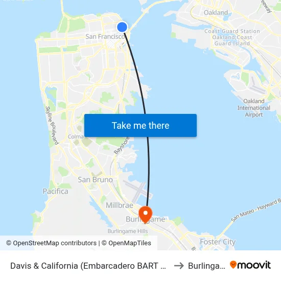 Davis & California (Embarcadero BART Drop Off) to Burlingame map