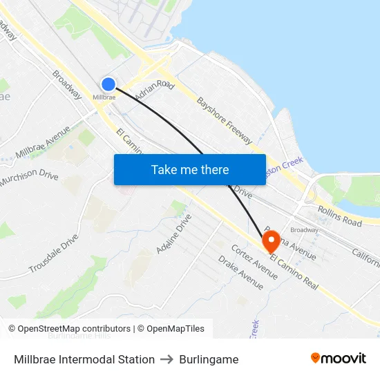 Millbrae Intermodal Station to Burlingame map