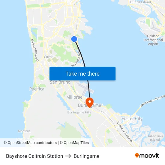 Bayshore Caltrain Station to Burlingame map