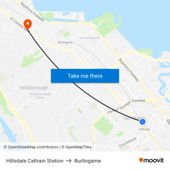 Hillsdale Caltrain Station to Burlingame map