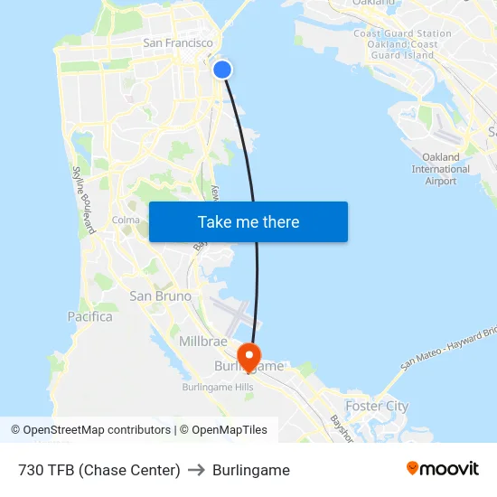 730 TFB (Chase Center) to Burlingame map