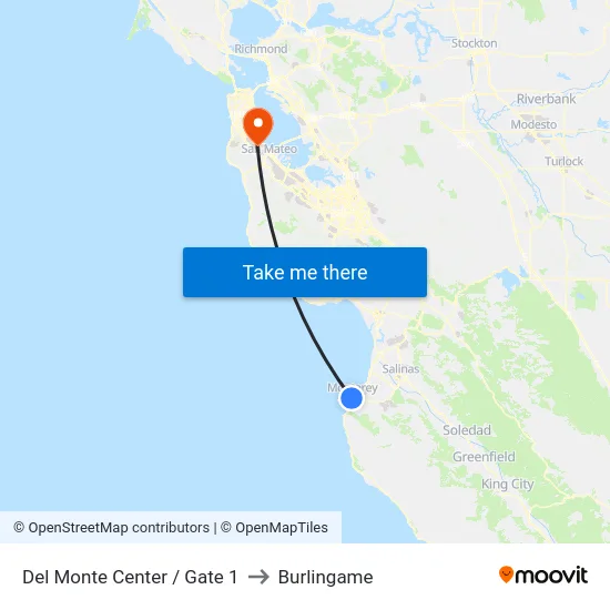 Del Monte Center / Gate 1 to Burlingame map