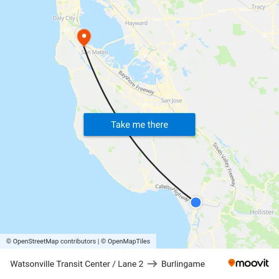 Watsonville Transit Center / Lane 2 to Burlingame map